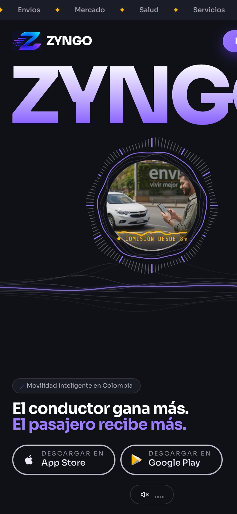 Sitio web de ZYNGO Movilidad en celular