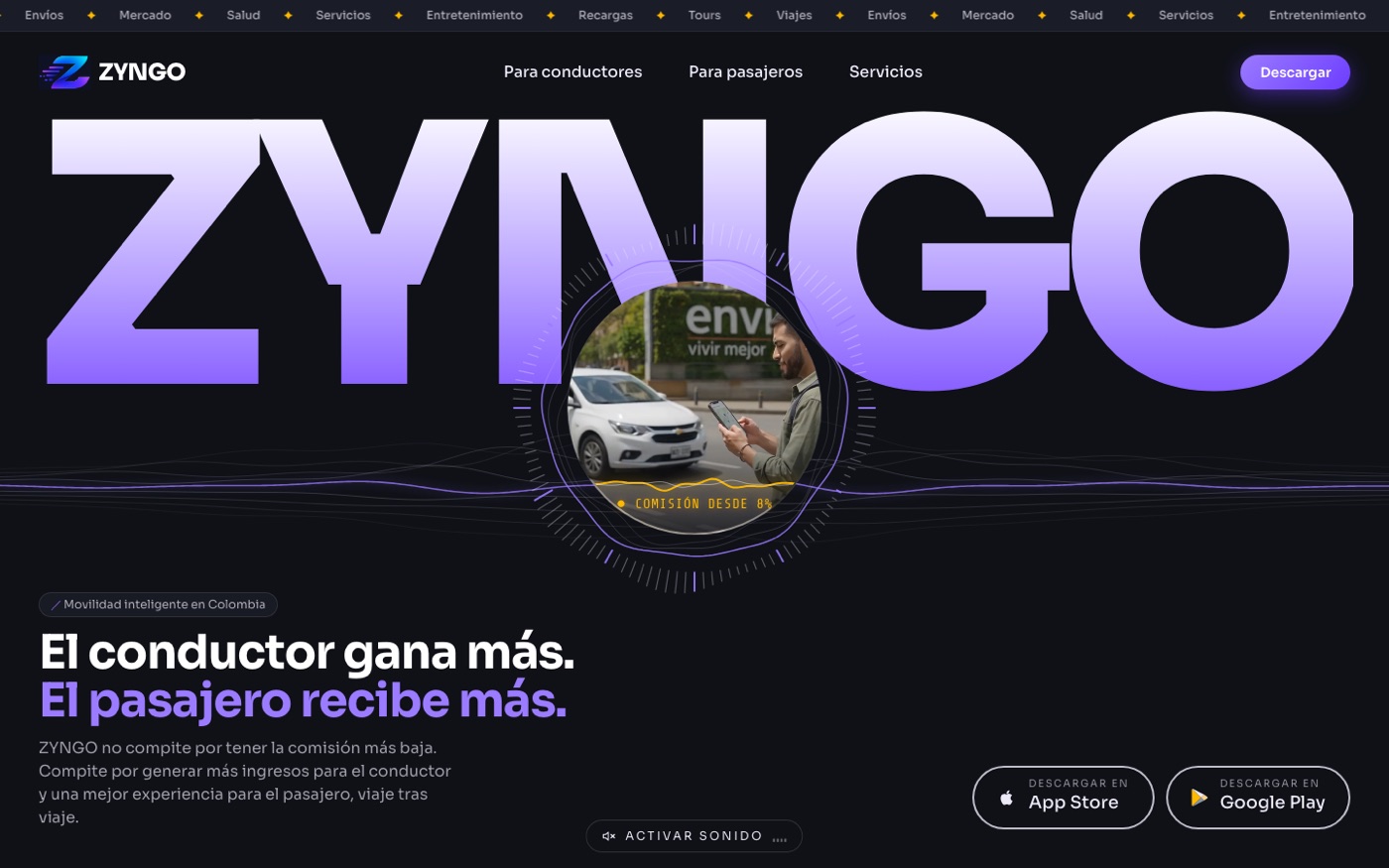 Sitio web de ZYNGO Movilidad en computador