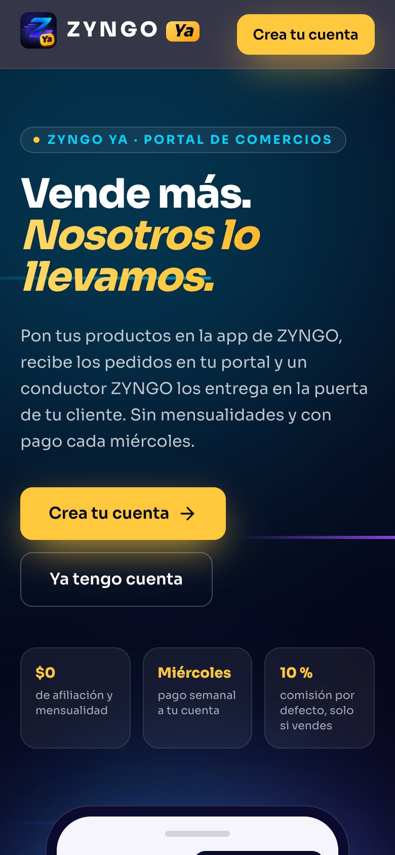 Portal de comercios ZYNGO Ya en celular